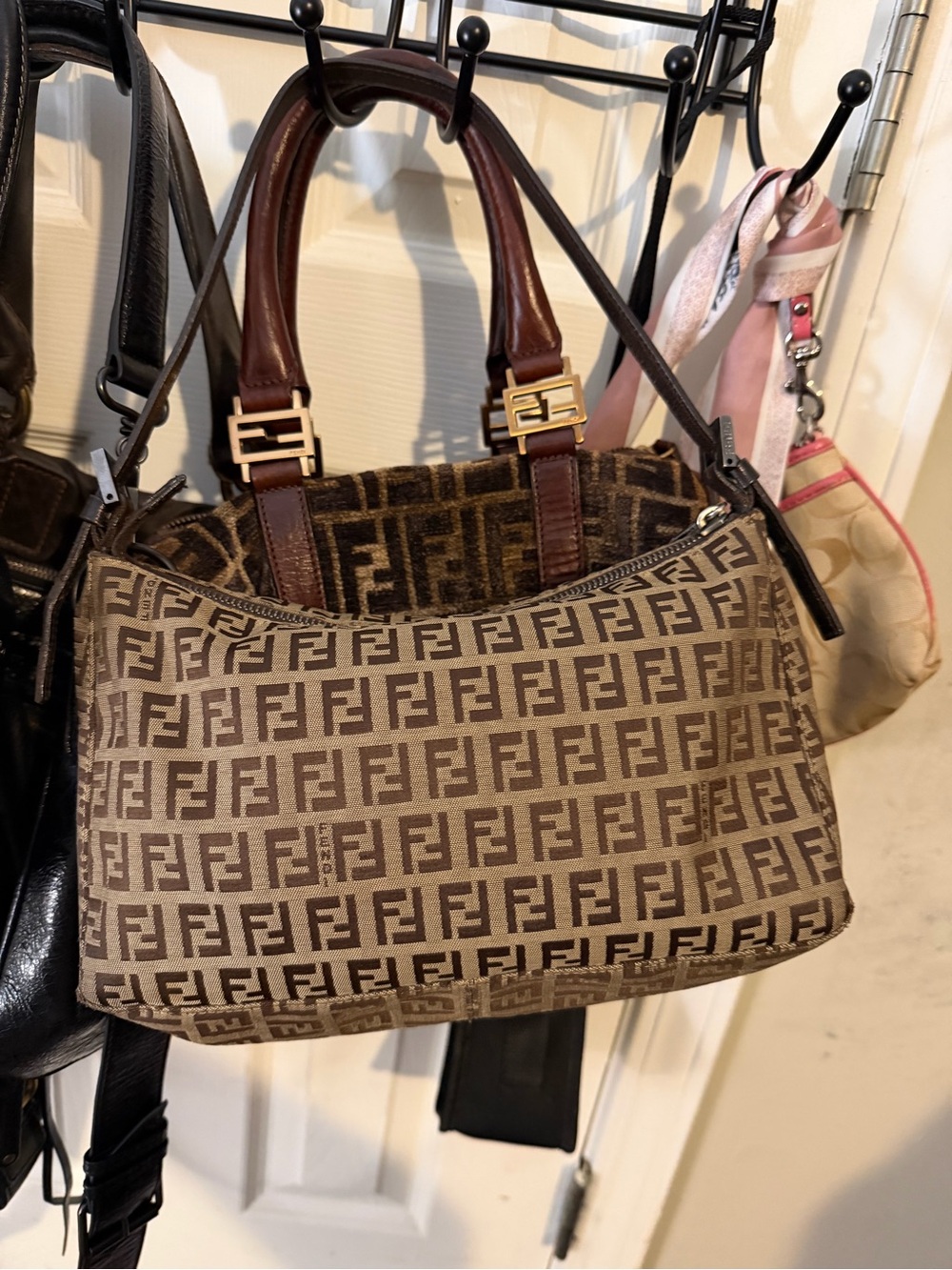 Fendi Brown Zucca Logo Shoulder Bag with Leather Handles